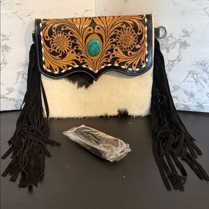 Handcrafted Leather Fringe Bag with Turquoise Accent
